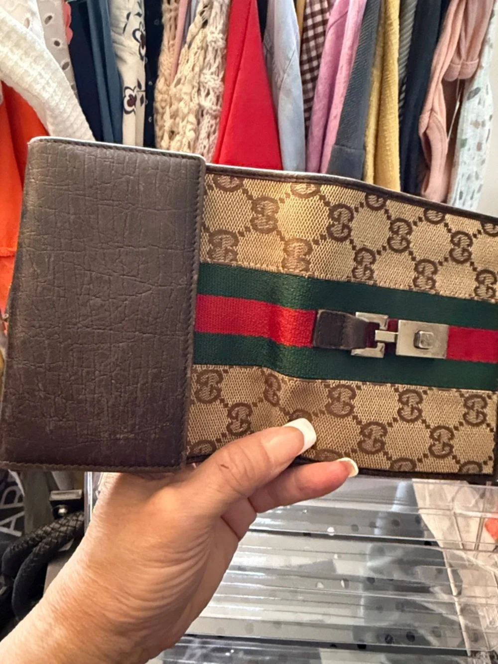 Gucci Beige/Brown Monogram Canvas Wallet with Green-Red Stripe. Authenticity